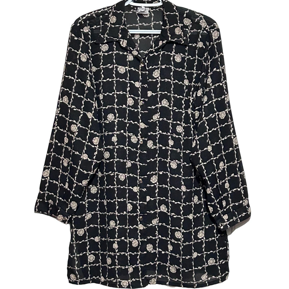 Happy Tex Women's Black Floral Tan‎ Long Sleeve Button Front Sheer Blouse Size S